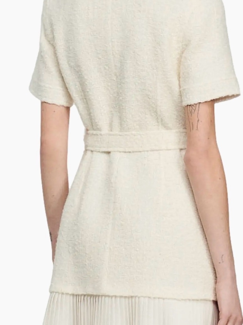 Sandro Ivory Tweed Belted Short-Sleeve Dress with Gold Buttons - Picture 2 of 3
